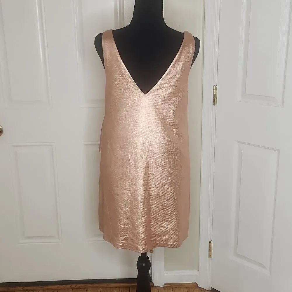ZARA Metallic Rose Gold Faux Leather Deep V Ruffle Frill Mini PartyDress Small - Picture 4 of 10